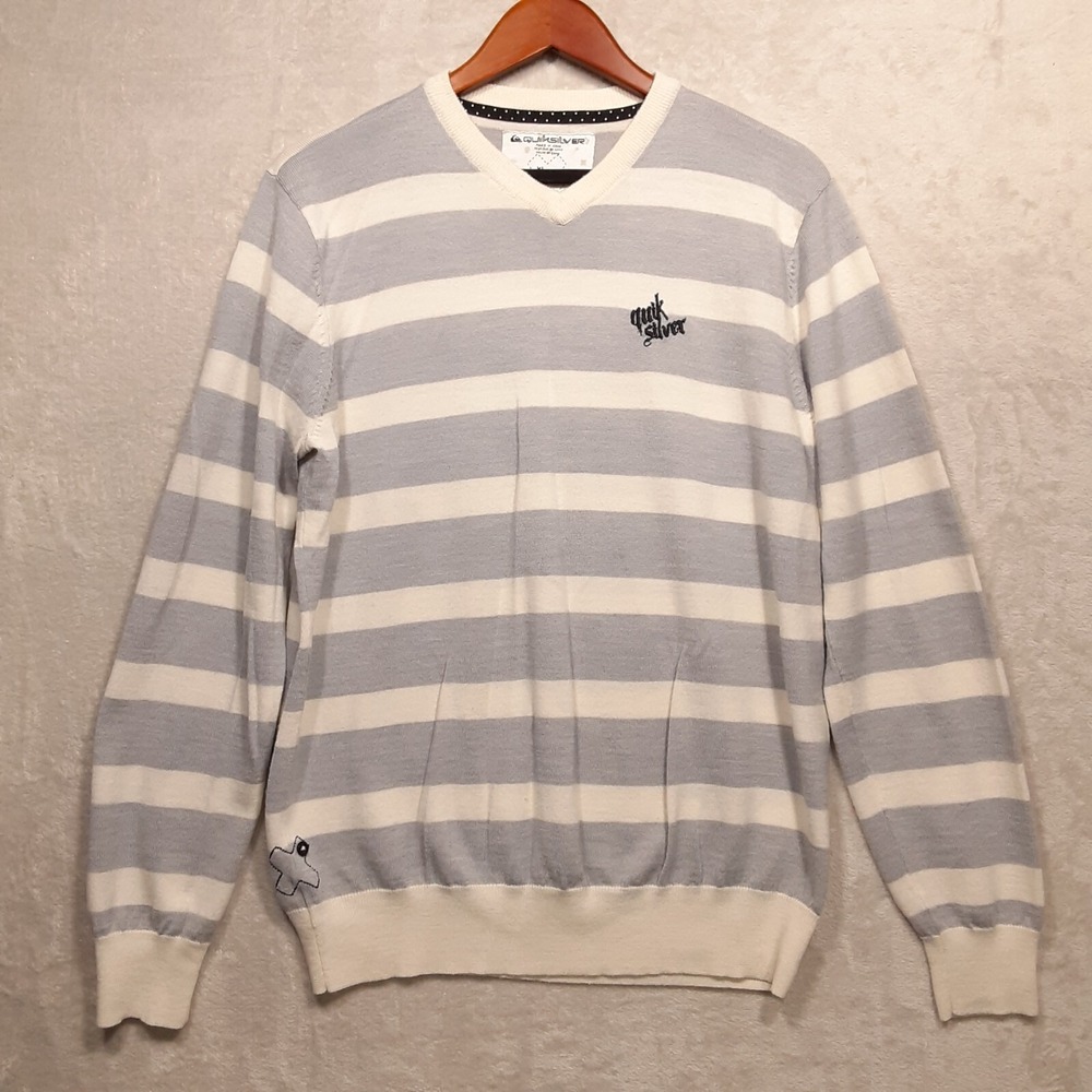 Quiksilver Mens V-Neck Pullover Sweater Sz.XL/Off White-Gray Stripes/Wool Blend
